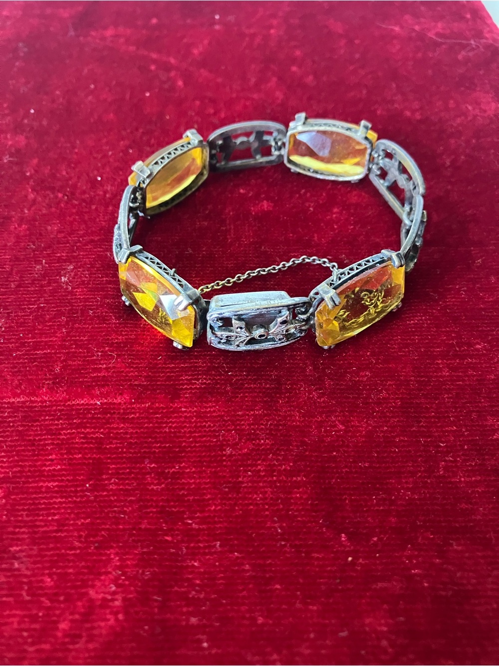 Vintage Art Deco Signed Czech Citrine Bohemian Glass Marcasite Link Bracelet.
